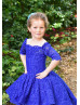 Off Shoulder Blue Lace Tea Length Flower Girl Dress High Low Dress